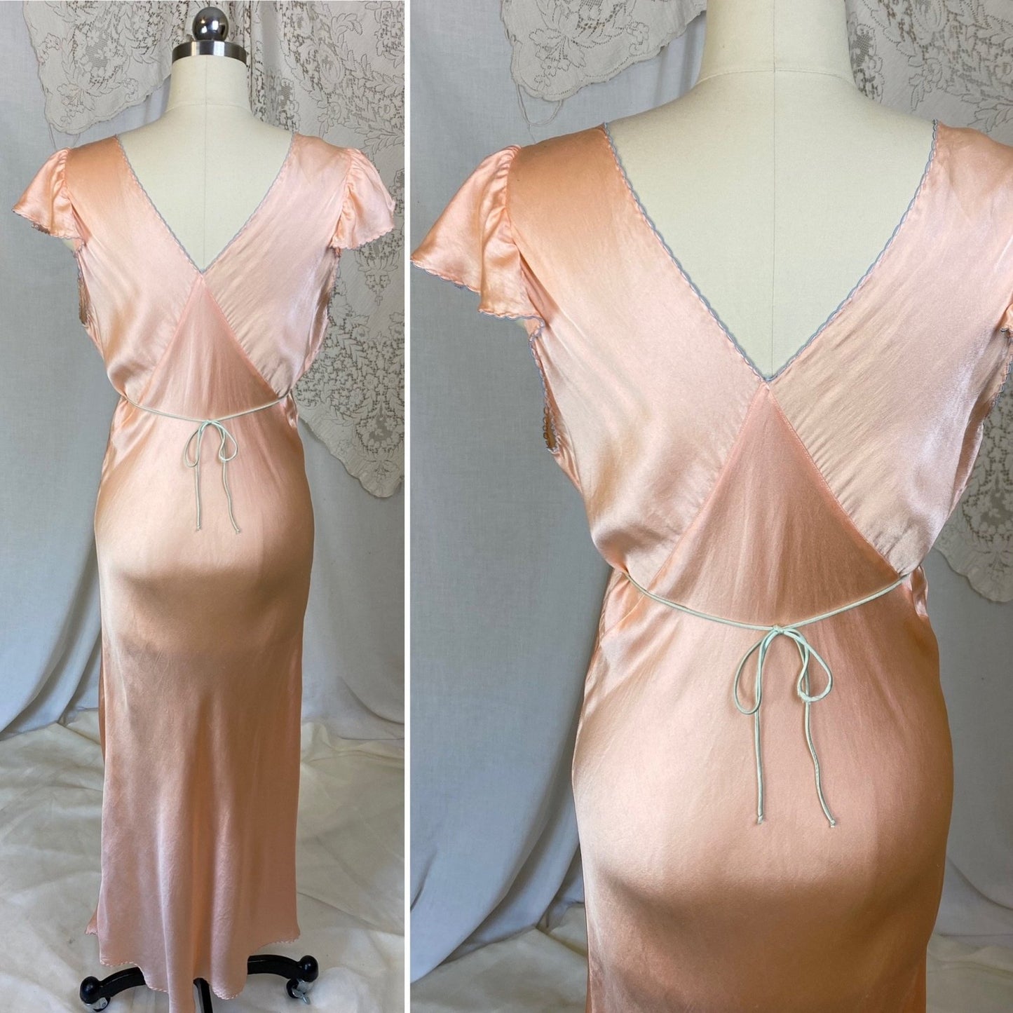 Vintage 1930's Nightgown | Rose Gold Peach Silk with Sky Blue Edging & Trapunto Floral Embroidery | Size S, M - Daggers & Dames