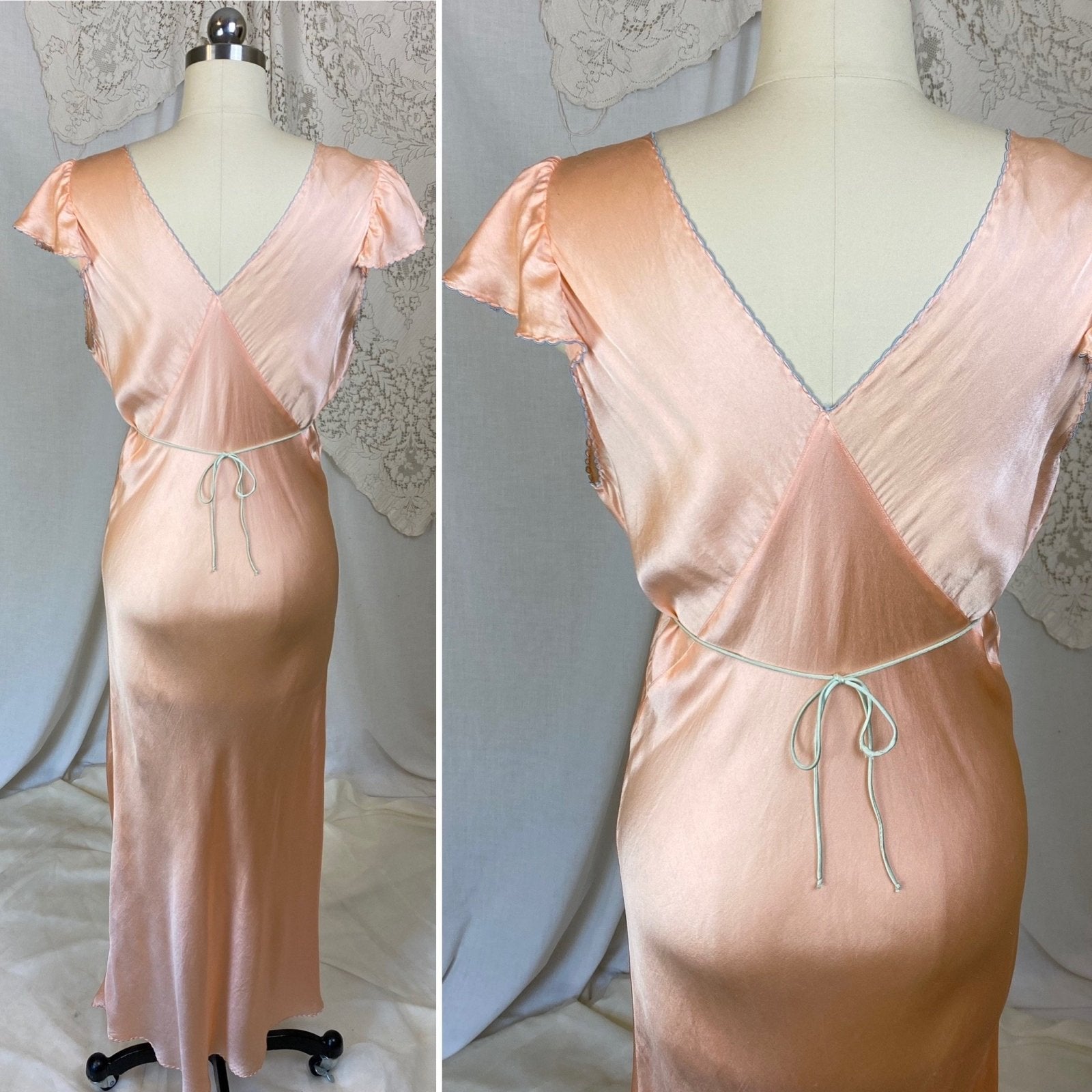Vintage 1930's Nightgown | Rose Gold Peach Silk with Sky Blue Edging & Trapunto Floral Embroidery | Size S, M - Daggers & Dames