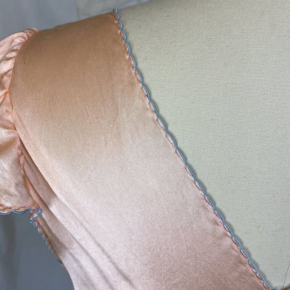 Vintage 1930's Nightgown | Rose Gold Peach Silk with Sky Blue Edging & Trapunto Floral Embroidery | Size S, M - Daggers & Dames