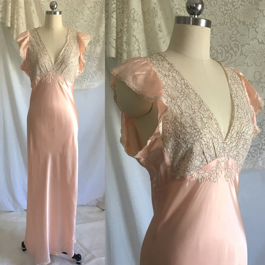 Vintage 1930's Nightgown | Rose Gold Rayon Satin with Ivory Lace Bodice | Bias Cut Nightgown | Size M - Daggers & Dames