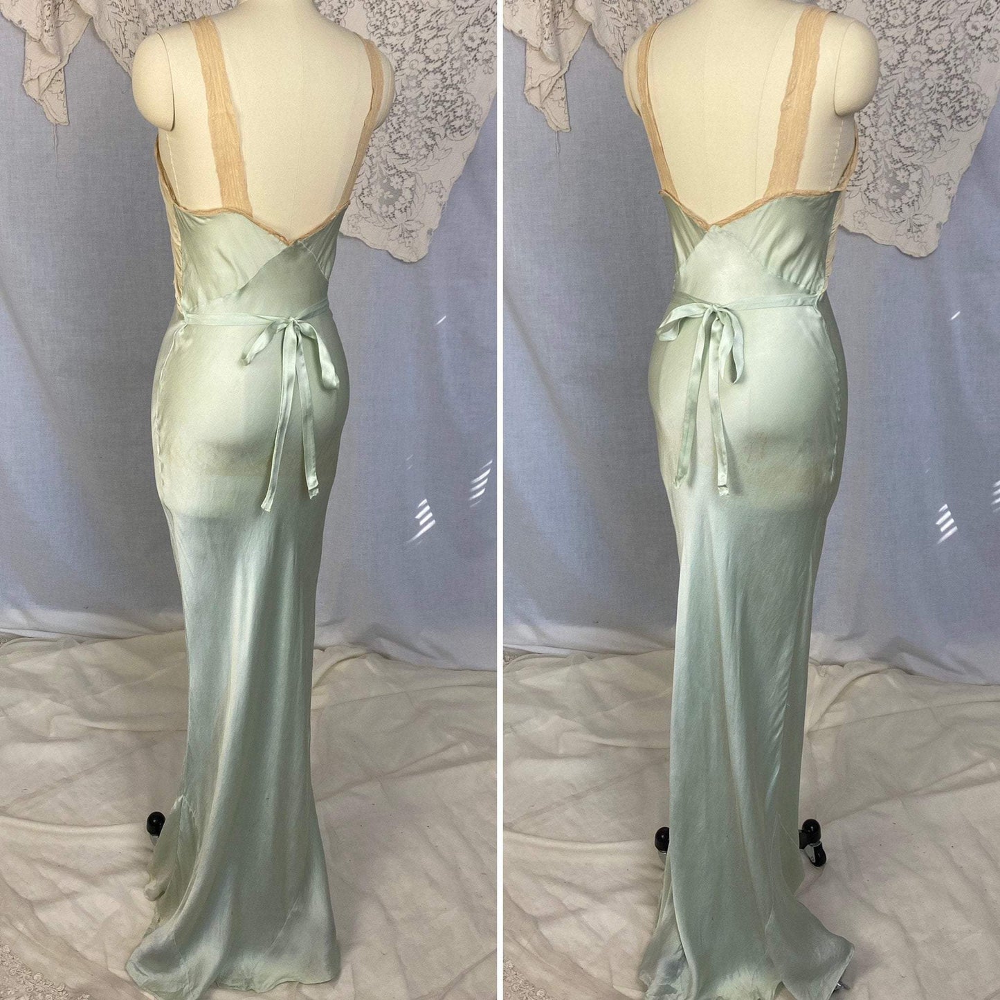 Vintage 1930's Nightgown | Seafoam Green Silk with Ivory Chiffon & Lace | Size 32-33.5 Bust, XS, S | Bullocks of Los Angeles - Daggers & Dames