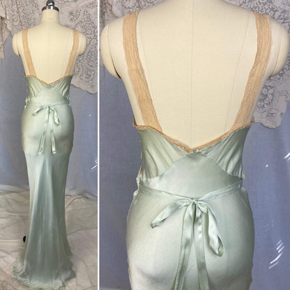 Vintage 1930's Nightgown | Seafoam Green Silk with Ivory Chiffon & Lace | Size 32-33.5 Bust, XS, S | Bullocks of Los Angeles - Daggers & Dames
