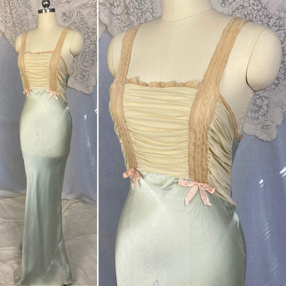Vintage 1930's Nightgown | Seafoam Green Silk with Ivory Chiffon & Lace | Size 32-33.5 Bust, XS, S | Bullocks of Los Angeles - Daggers & Dames