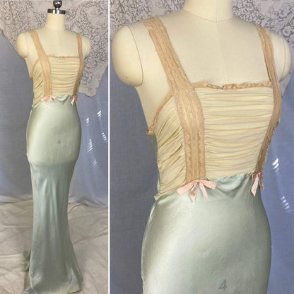 Vintage 1930's Nightgown | Seafoam Green Silk with Ivory Chiffon & Lace | Size 32-33.5 Bust, XS, S | Bullocks of Los Angeles - Daggers & Dames