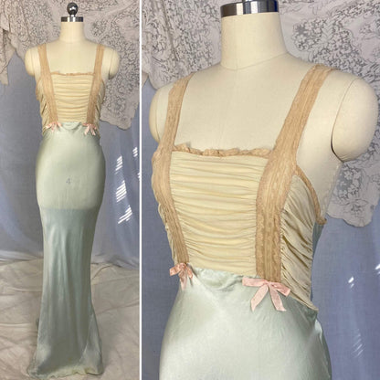 Vintage 1930's Nightgown | Seafoam Green Silk with Ivory Chiffon & Lace | Size 32-33.5 Bust, XS, S | Bullocks of Los Angeles - Daggers & Dames