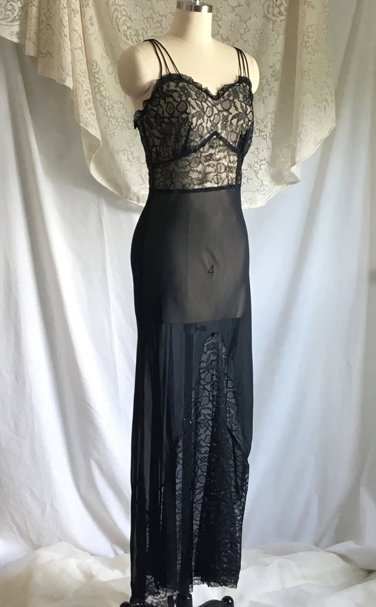 Vintage 1930's Nightgown | Sheer Black Rayon Chiffon with Chantilly Lace | Size S - Daggers & Dames
