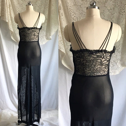 Vintage 1930's Nightgown | Sheer Black Rayon Chiffon with Chantilly Lace | Size S - Daggers & Dames