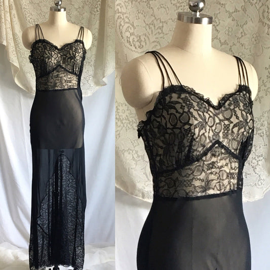 Vintage 1930's Nightgown | Sheer Black Rayon Chiffon with Chantilly Lace | Size S - Daggers & Dames