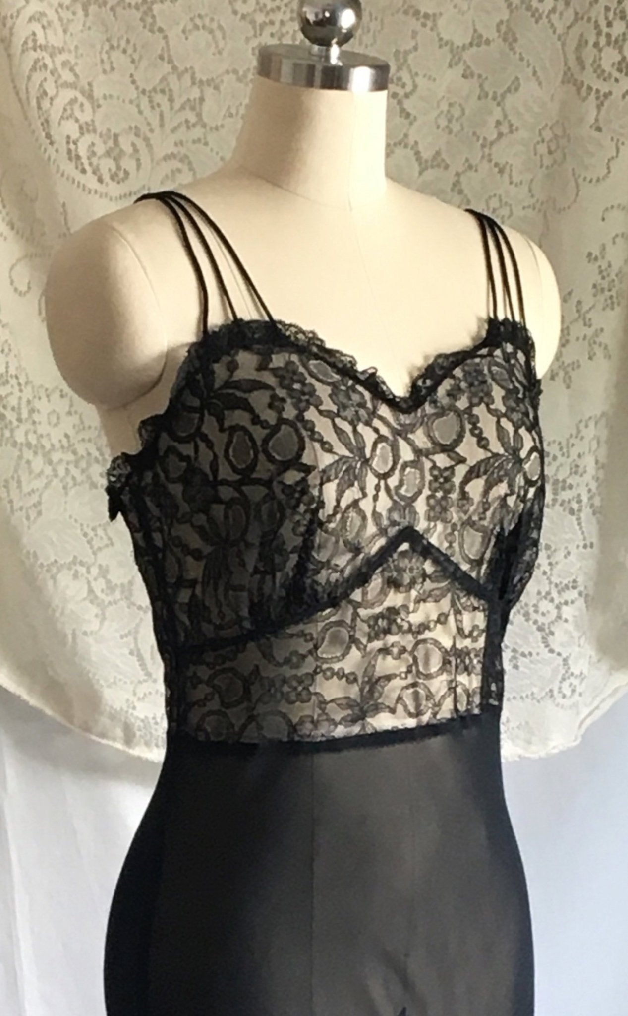 Vintage 1930's Nightgown | Sheer Black Rayon Chiffon with Chantilly Lace | Size S - Daggers & Dames
