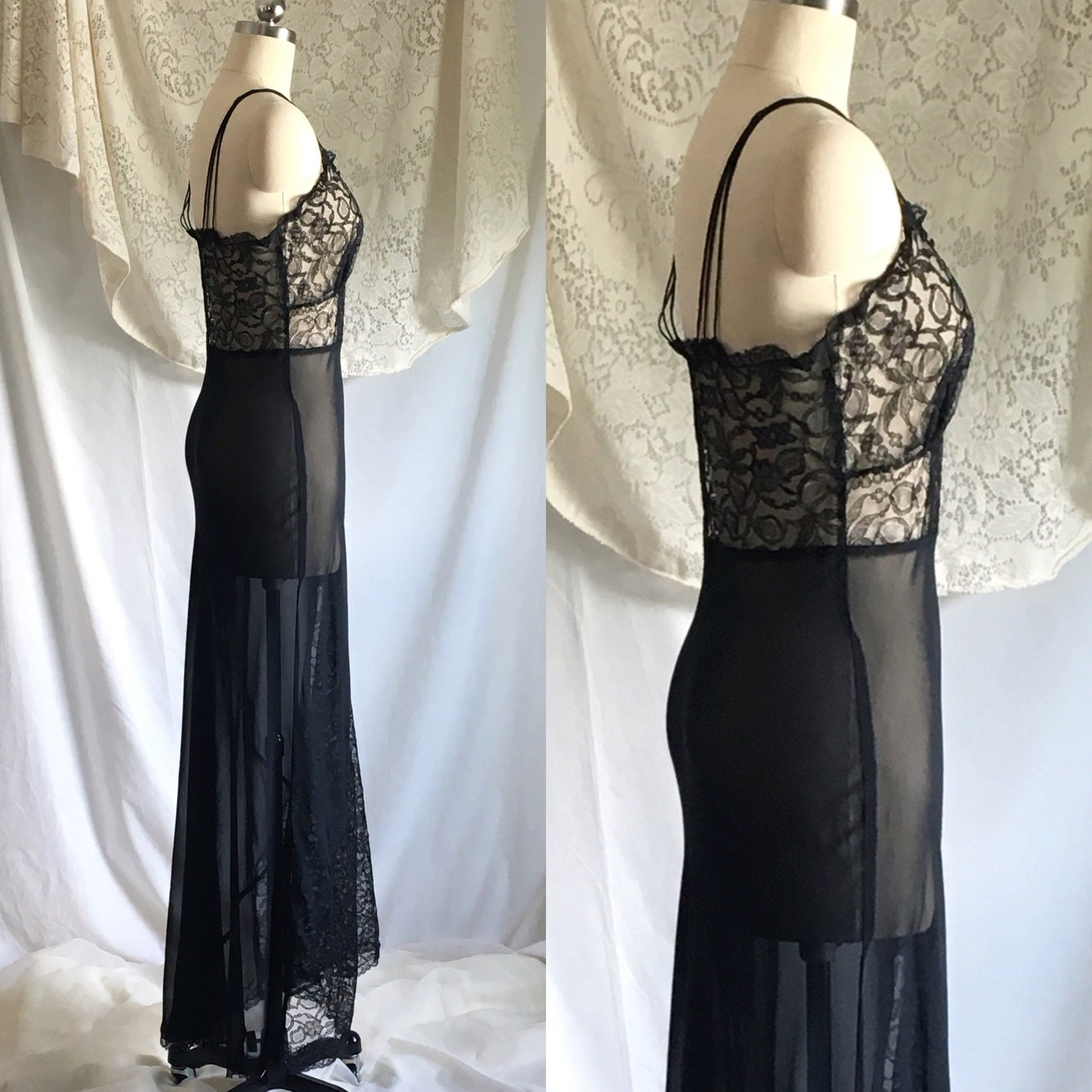 Vintage 1930's Nightgown | Sheer Black Rayon Chiffon with Chantilly Lace | Size S - Daggers & Dames