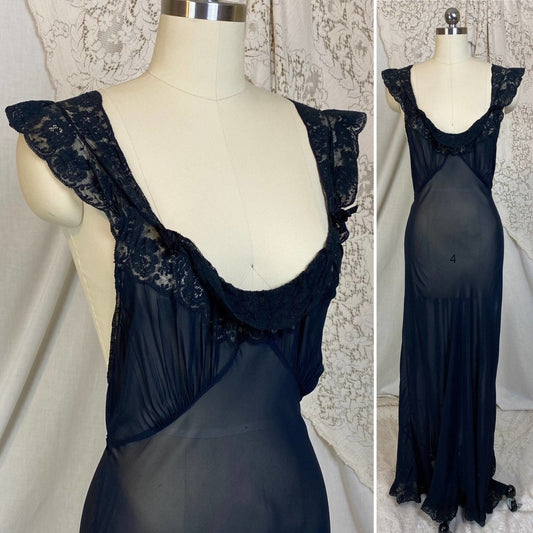 Vintage 1930's Nightgown | Sheer Black Rayon Chiffon with Ruffled Floral Lace | Size S, M | Chevette - Daggers & Dames