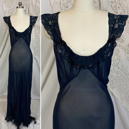 Vintage 1930's Nightgown | Sheer Black Rayon Chiffon with Ruffled Floral Lace | Size S, M | Chevette - Daggers & Dames