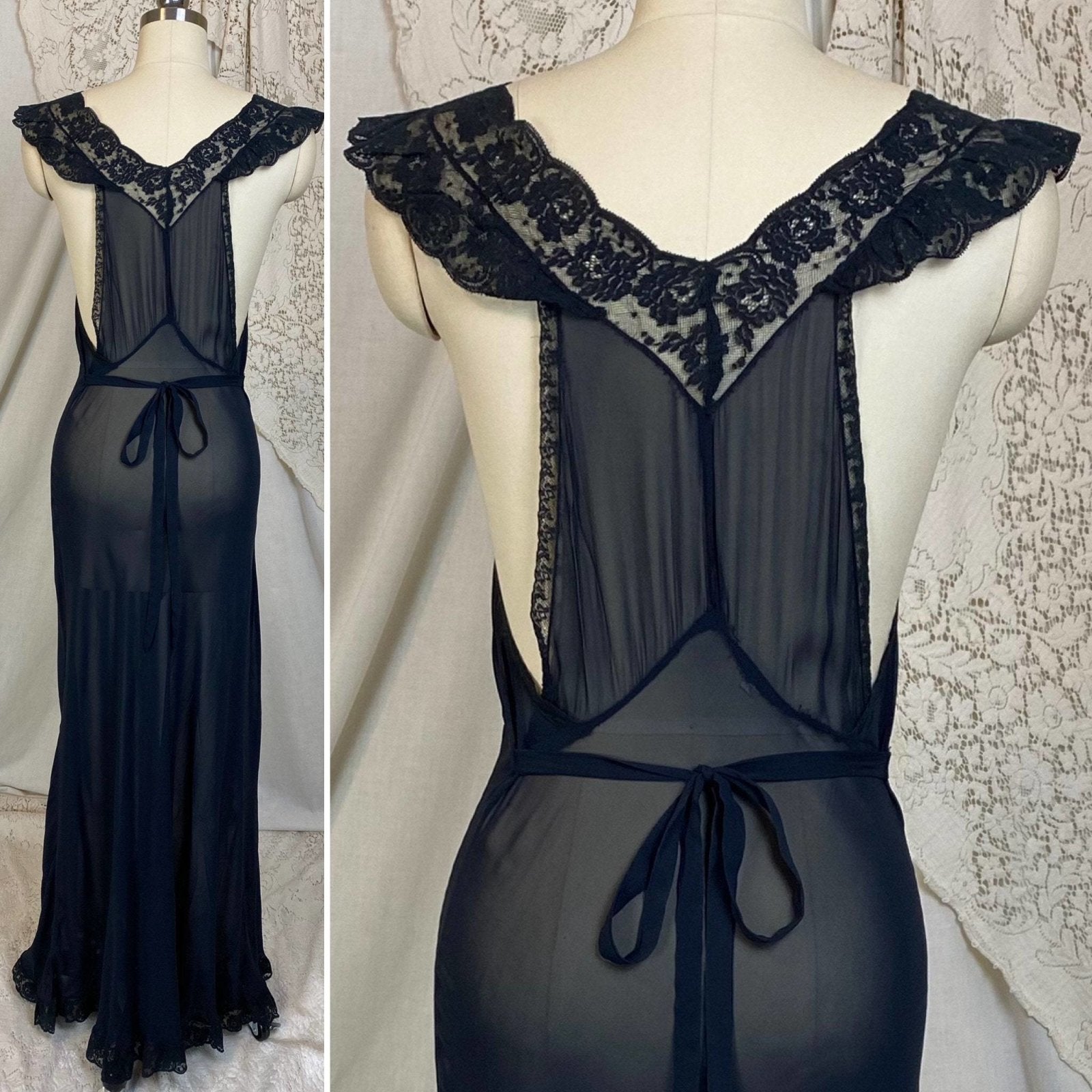 Vintage 1930's Nightgown | Sheer Black Rayon Chiffon with Ruffled Floral Lace | Size S, M | Chevette - Daggers & Dames