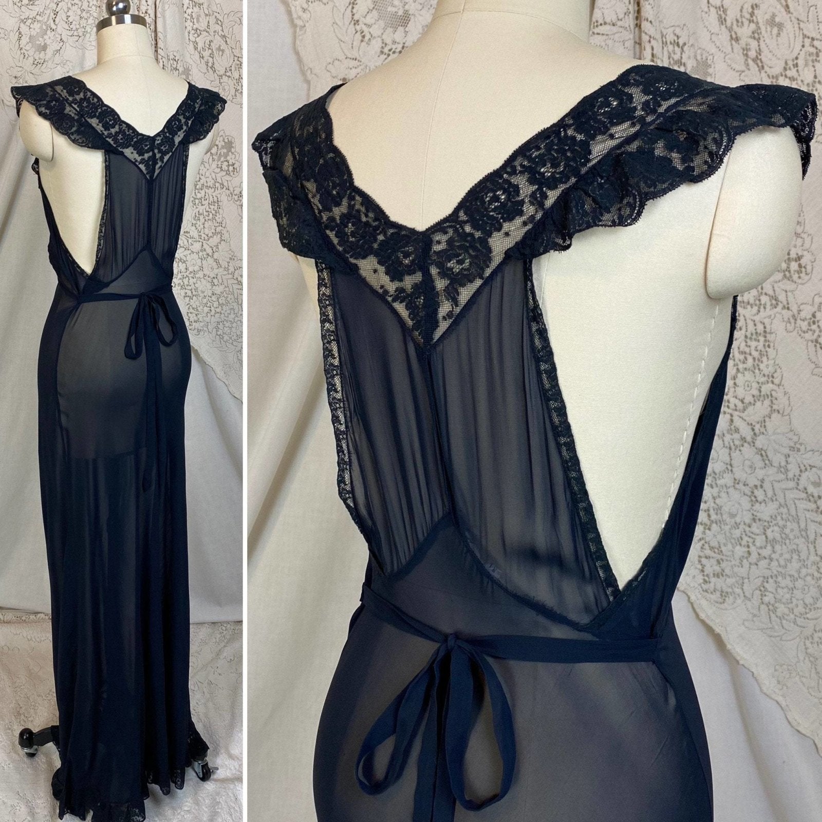 Vintage 1930's Nightgown | Sheer Black Rayon Chiffon with Ruffled Floral Lace | Size S, M | Chevette - Daggers & Dames