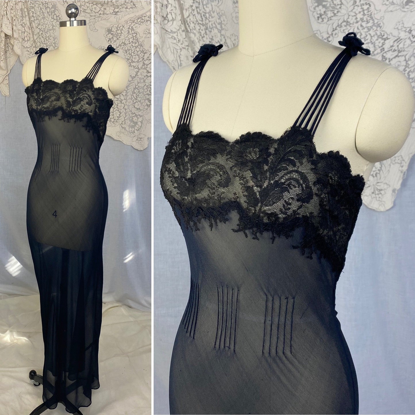 Vintage 1930's Nightgown | Sheer Black Silk Chiffon with Chantilly Lace & Crisscross Back | Size 36-38 Bust, M - Daggers & Dames