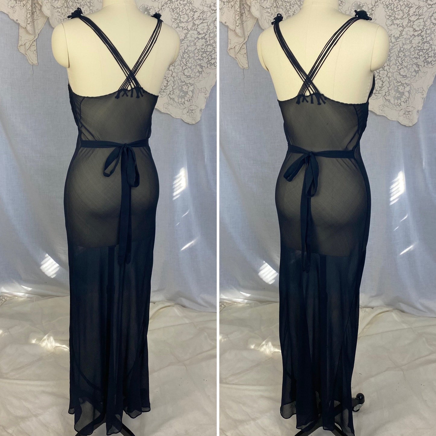 Vintage 1930's Nightgown | Sheer Black Silk Chiffon with Chantilly Lace & Crisscross Back | Size 36-38 Bust, M - Daggers & Dames