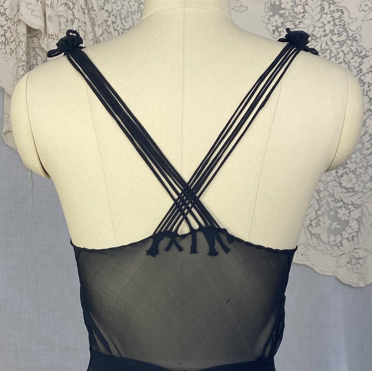 Vintage 1930's Nightgown | Sheer Black Silk Chiffon with Chantilly Lace & Crisscross Back | Size 36-38 Bust, M - Daggers & Dames