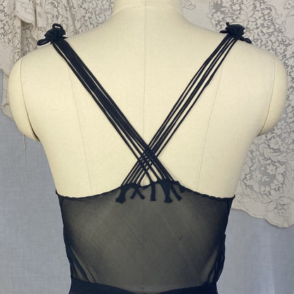 Vintage 1930's Nightgown | Sheer Black Silk Chiffon with Chantilly Lace & Crisscross Back | Size 36-38 Bust, M - Daggers & Dames