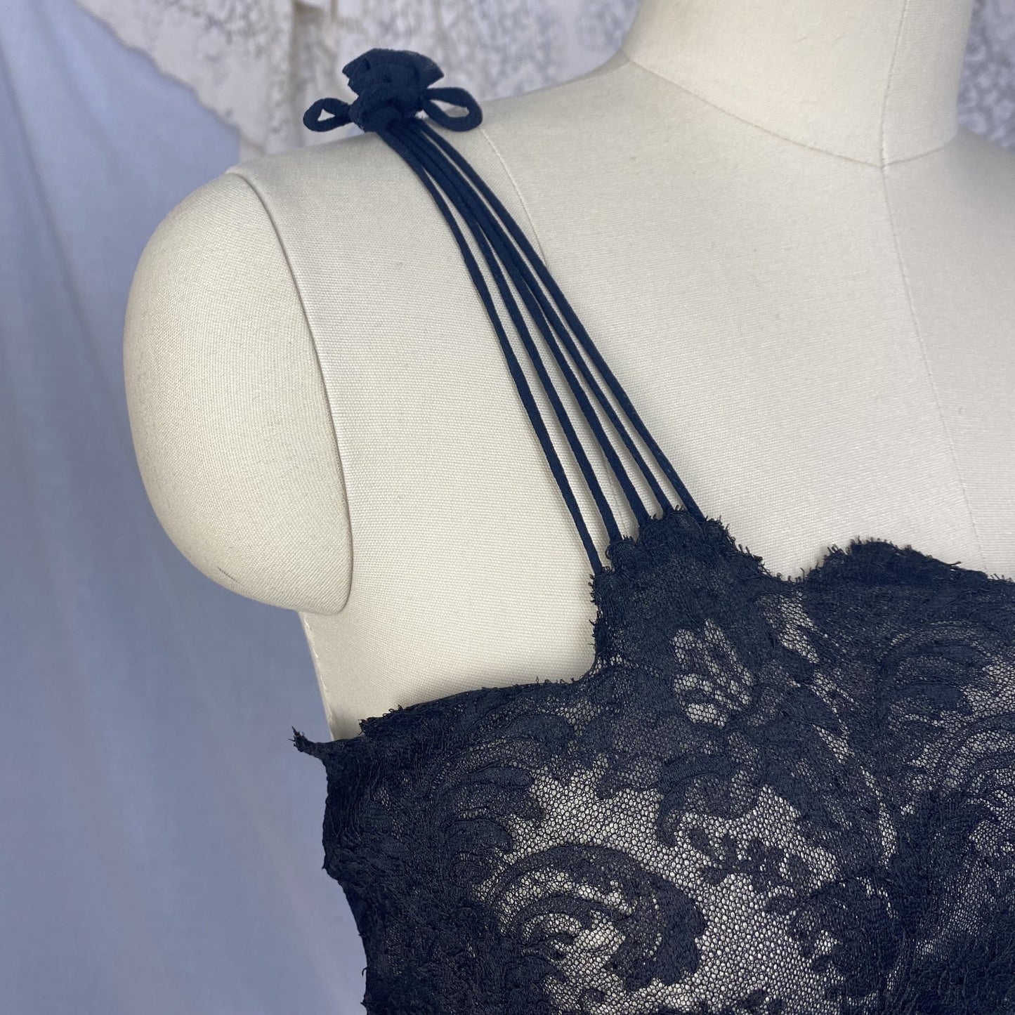 Vintage 1930's Nightgown | Sheer Black Silk Chiffon with Chantilly Lace & Crisscross Back | Size 36-38 Bust, M - Daggers & Dames
