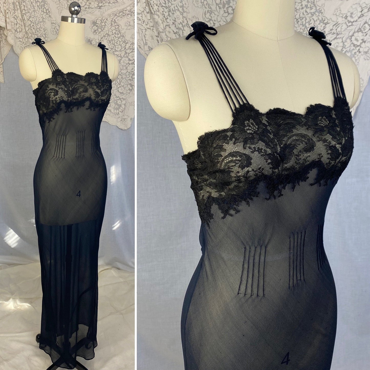 Vintage 1930's Nightgown | Sheer Black Silk Chiffon with Chantilly Lace & Crisscross Back | Size 36-38 Bust, M - Daggers & Dames