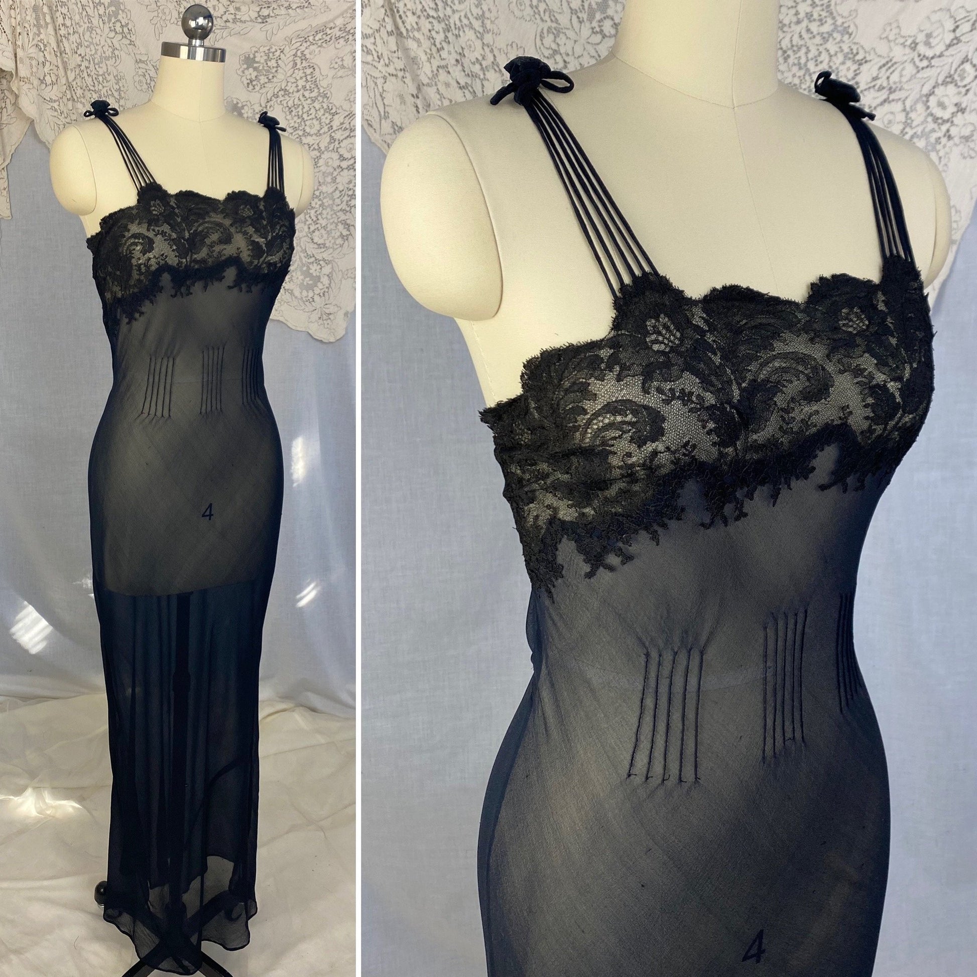 Vintage 1930's Nightgown | Sheer Black Silk Chiffon with Chantilly Lace & Crisscross Back | Size 36-38 Bust, M - Daggers & Dames