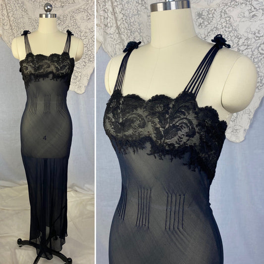 Vintage 1930's Nightgown | Sheer Black Silk Chiffon with Chantilly Lace & Crisscross Back | Size 36-38 Bust, M - Daggers & Dames
