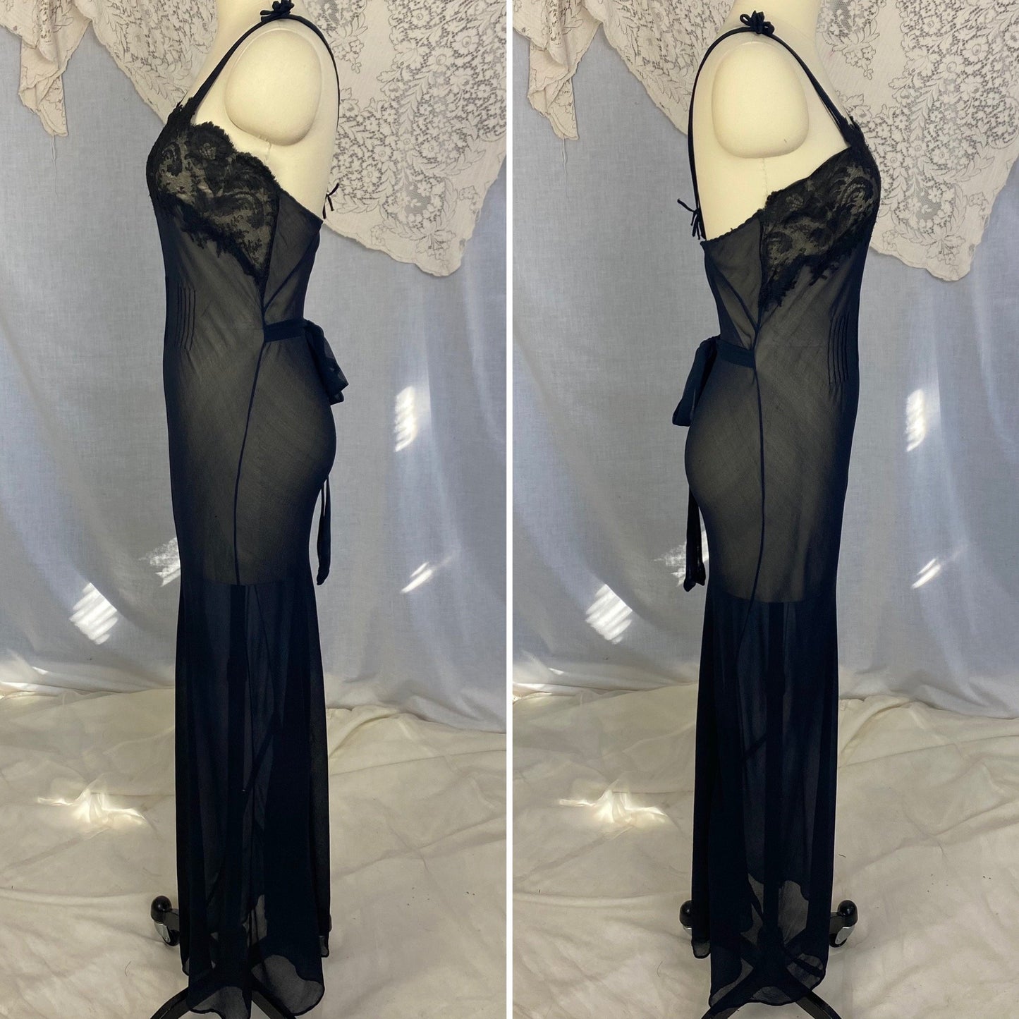 Vintage 1930's Nightgown | Sheer Black Silk Chiffon with Chantilly Lace & Crisscross Back | Size 36-38 Bust, M - Daggers & Dames