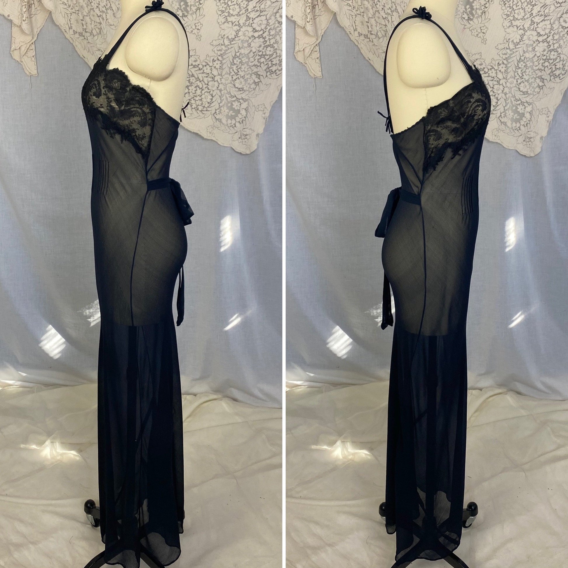 Vintage 1930's Nightgown | Sheer Black Silk Chiffon with Chantilly Lace & Crisscross Back | Size 36-38 Bust, M - Daggers & Dames