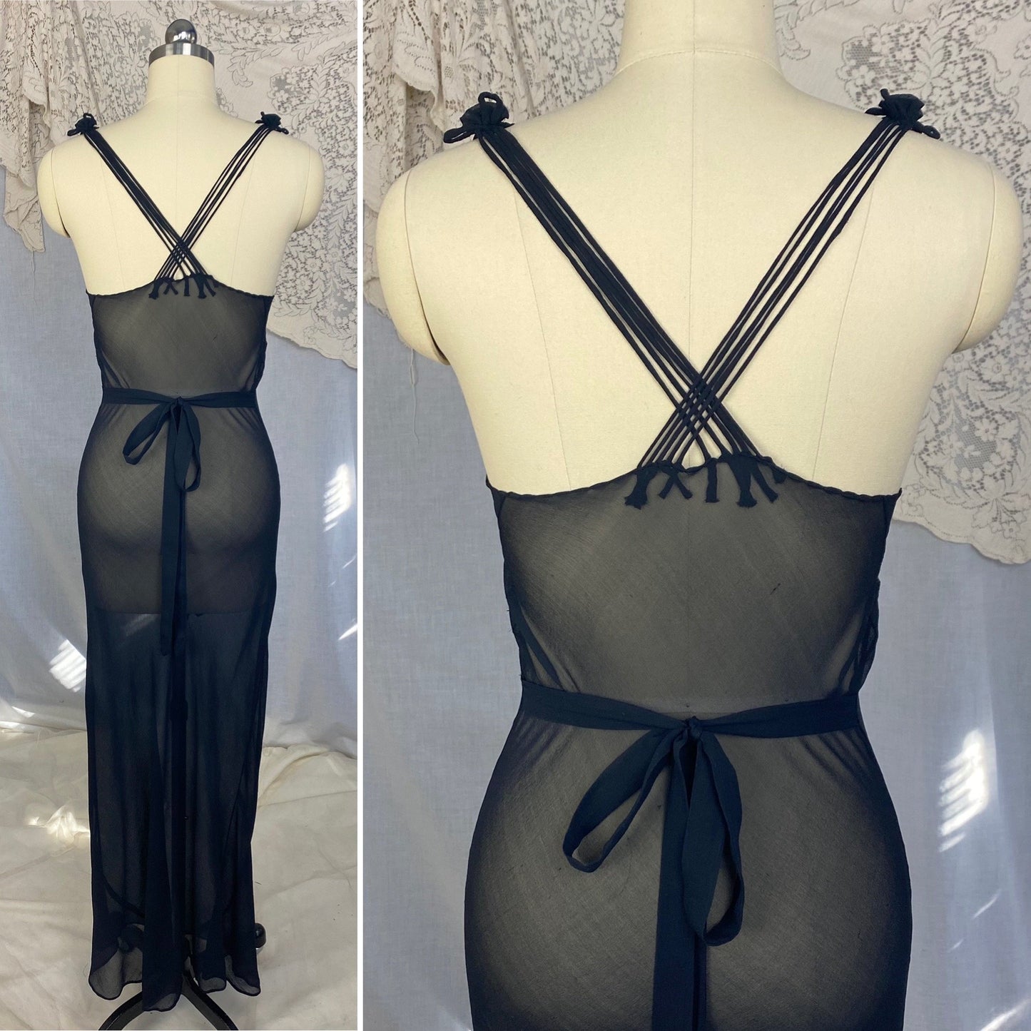 Vintage 1930's Nightgown | Sheer Black Silk Chiffon with Chantilly Lace & Crisscross Back | Size 36-38 Bust, M - Daggers & Dames