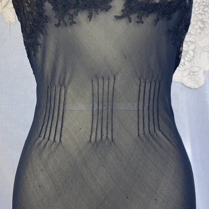 Vintage 1930's Nightgown | Sheer Black Silk Chiffon with Chantilly Lace & Crisscross Back | Size 36-38 Bust, M - Daggers & Dames