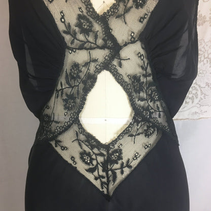 Vintage 1930's Nightgown | Sheer Black Silk Chiffon with Chantilly lace & Open Back | Beau Monde | Size S, MED - Daggers & Dames