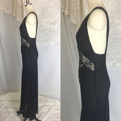 Vintage 1930's Nightgown | Sheer Black Silk Chiffon with Chantilly lace & Open Back | Beau Monde | Size S, MED - Daggers & Dames
