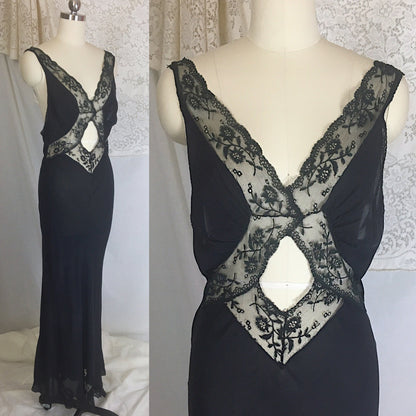Vintage 1930's Nightgown | Sheer Black Silk Chiffon with Chantilly lace & Open Back | Beau Monde | Size S, MED - Daggers & Dames