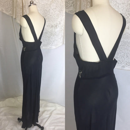 Vintage 1930's Nightgown | Sheer Black Silk Chiffon with Chantilly lace & Open Back | Beau Monde | Size S, MED - Daggers & Dames
