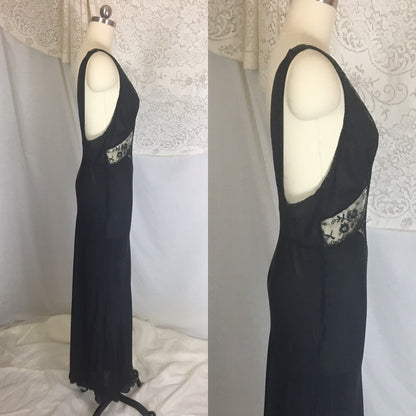 Vintage 1930's Nightgown | Sheer Black Silk Chiffon with Chantilly lace & Open Back | Beau Monde | Size S, MED - Daggers & Dames