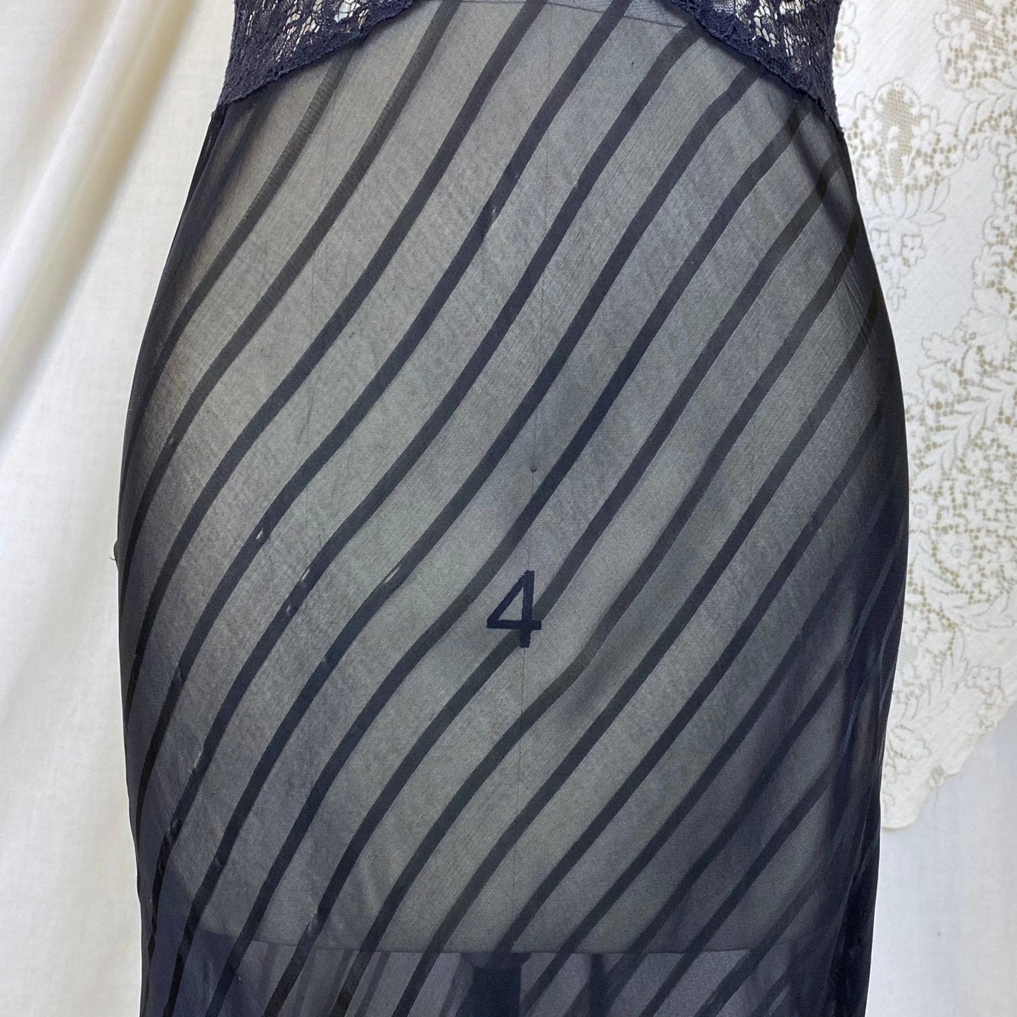Vintage 1930's Nightgown | Sheer Black Silk Striped Chiffon with Floral Chantilly Lace | Size XS, S, M | W/B Weisman - Daggers & Dames