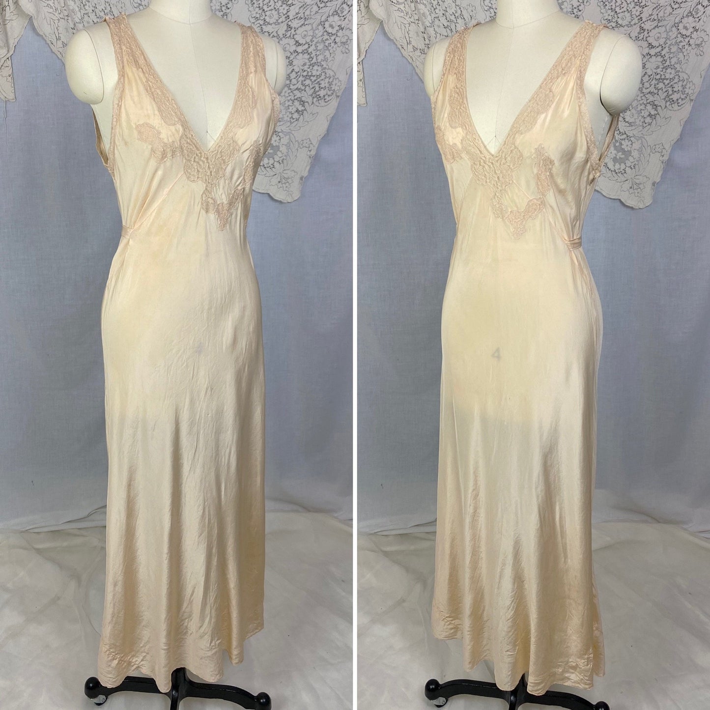 Vintage 1930's Nightgown |Sheer Ivory Silk with Deep Nude Lace | Size M - Daggers & Dames