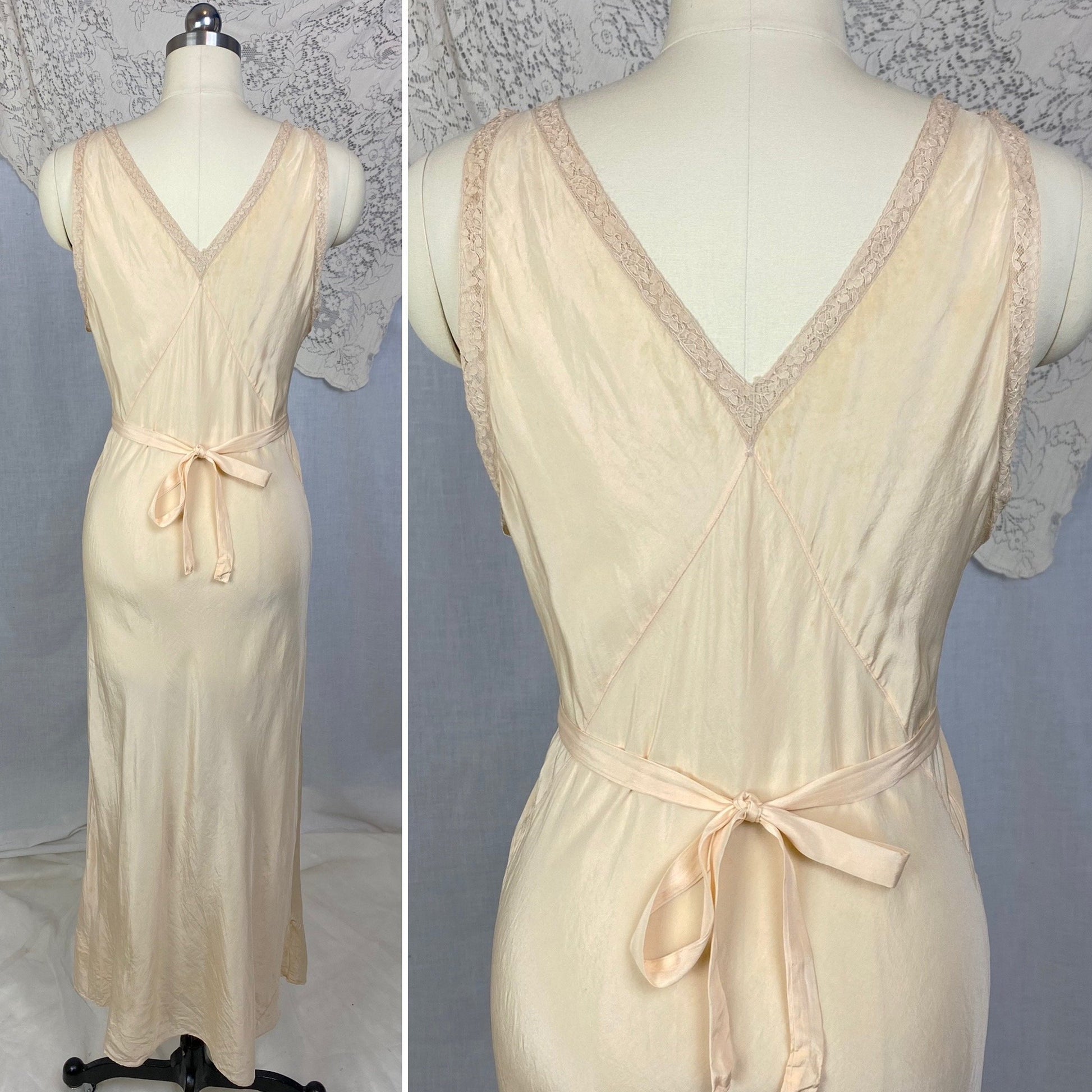 Vintage 1930's Nightgown |Sheer Ivory Silk with Deep Nude Lace | Size M - Daggers & Dames