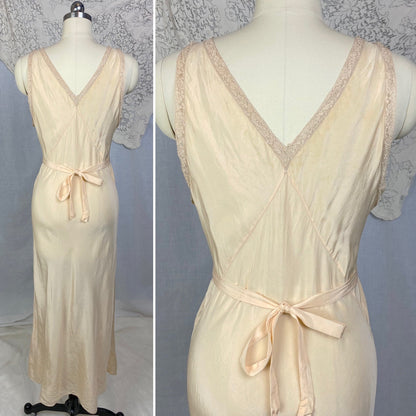 Vintage 1930's Nightgown |Sheer Ivory Silk with Deep Nude Lace | Size M - Daggers & Dames