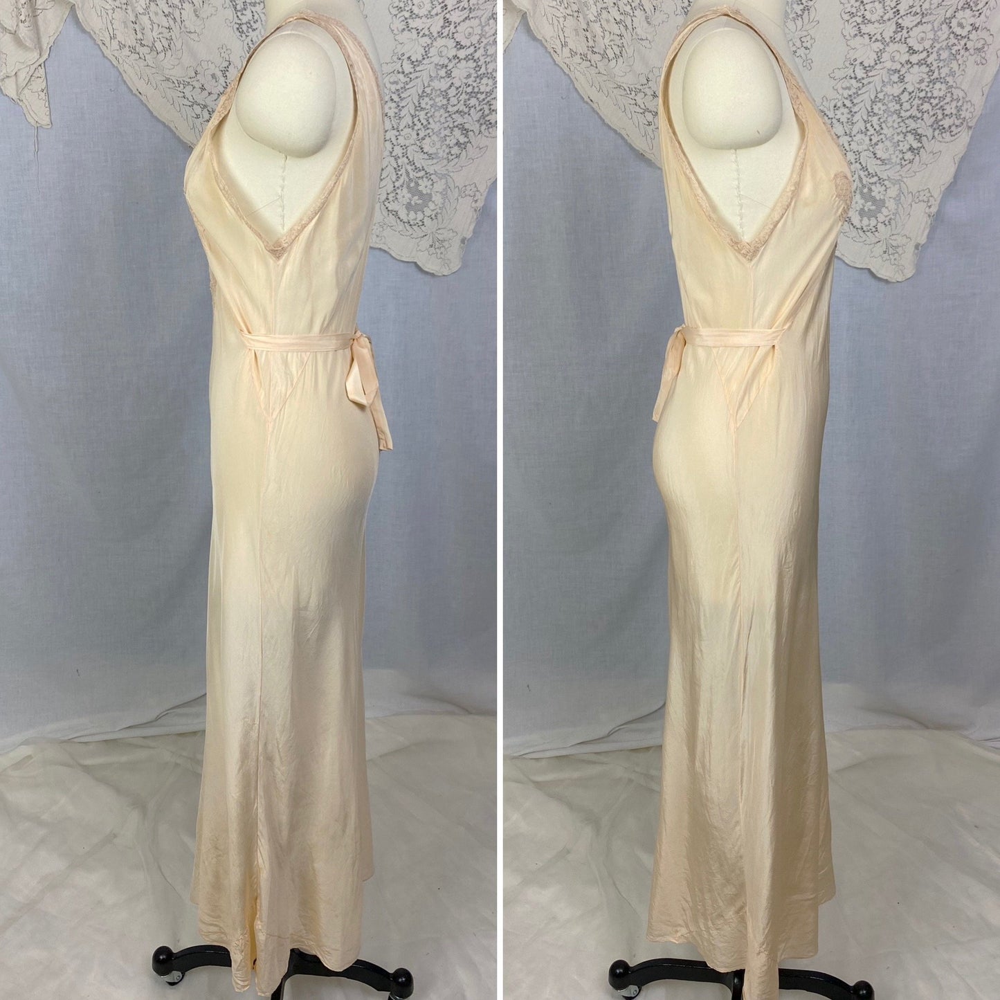 Vintage 1930's Nightgown |Sheer Ivory Silk with Deep Nude Lace | Size M - Daggers & Dames