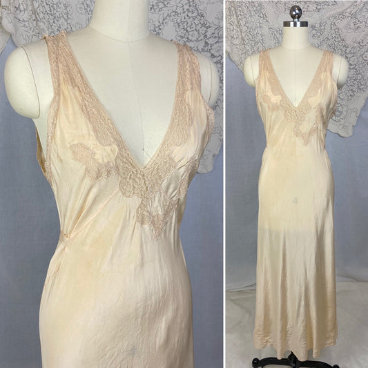Vintage 1930's Nightgown |Sheer Ivory Silk with Deep Nude Lace | Size M - Daggers & Dames