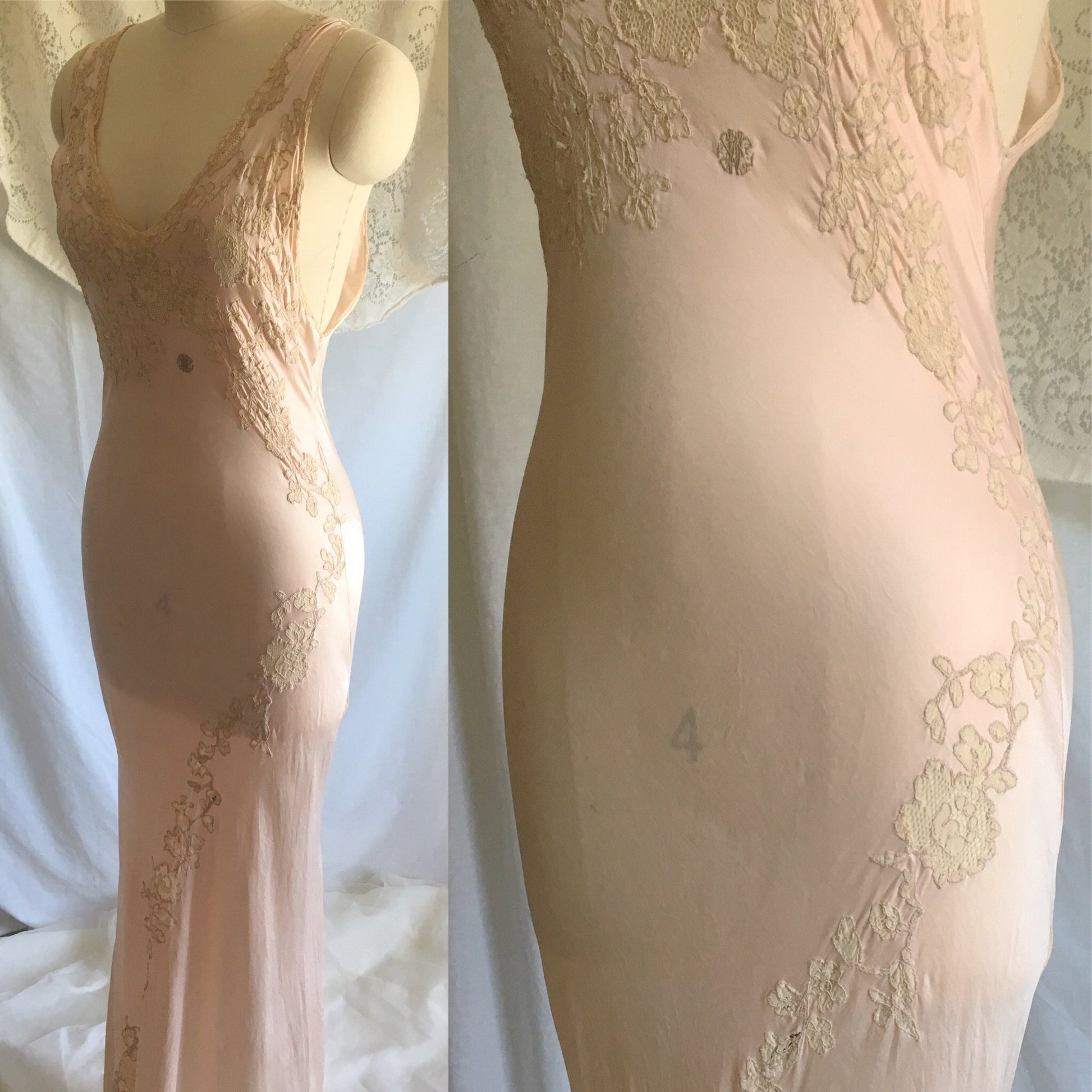 Vintage 1930's Nightgown | Sheer Rose Gold Pink Silk with Monogram & Lace | Size XS, S - Daggers & Dames