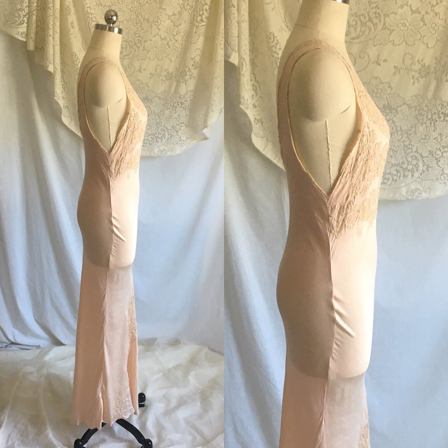 Vintage 1930's Nightgown | Sheer Rose Gold Pink Silk with Monogram & Lace | Size XS, S - Daggers & Dames