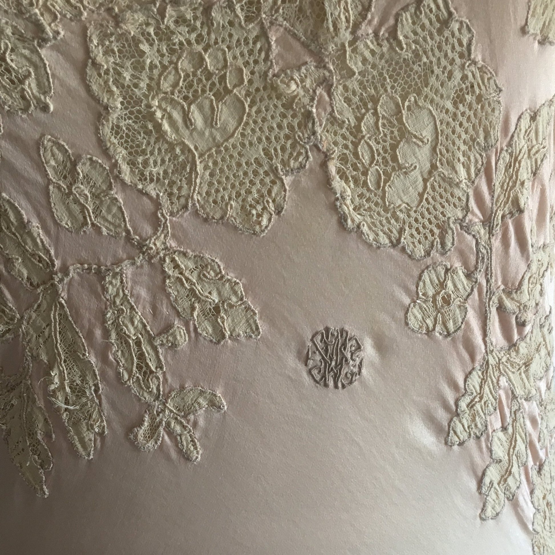 Vintage 1930's Nightgown | Sheer Rose Gold Pink Silk with Monogram & Lace | Size XS, S - Daggers & Dames