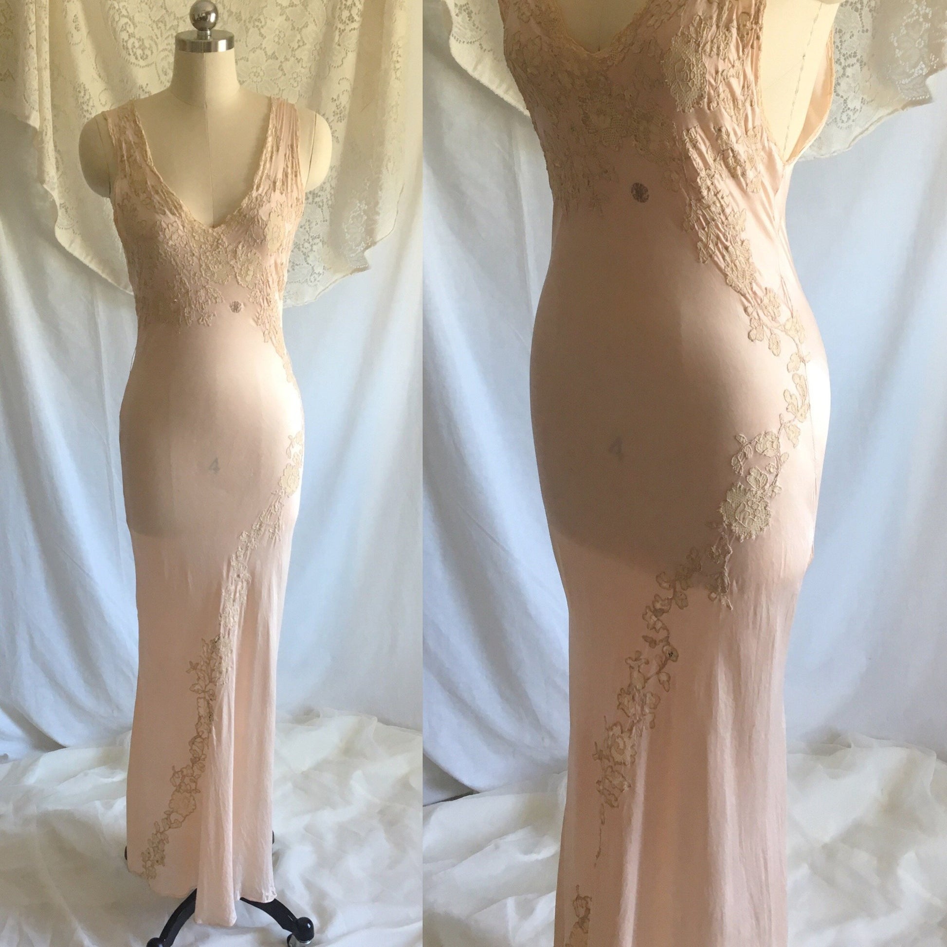 Vintage 1930's Nightgown | Sheer Rose Gold Pink Silk with Monogram & Lace | Size XS, S - Daggers & Dames