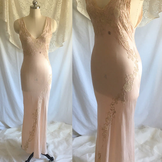 Vintage 1930's Nightgown | Sheer Rose Gold Pink Silk with Monogram & Lace | Size XS, S - Daggers & Dames