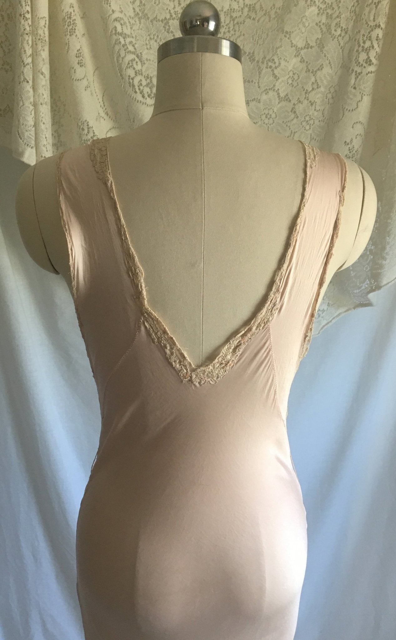 Vintage 1930's Nightgown | Sheer Rose Gold Pink Silk with Monogram & Lace | Size XS, S - Daggers & Dames