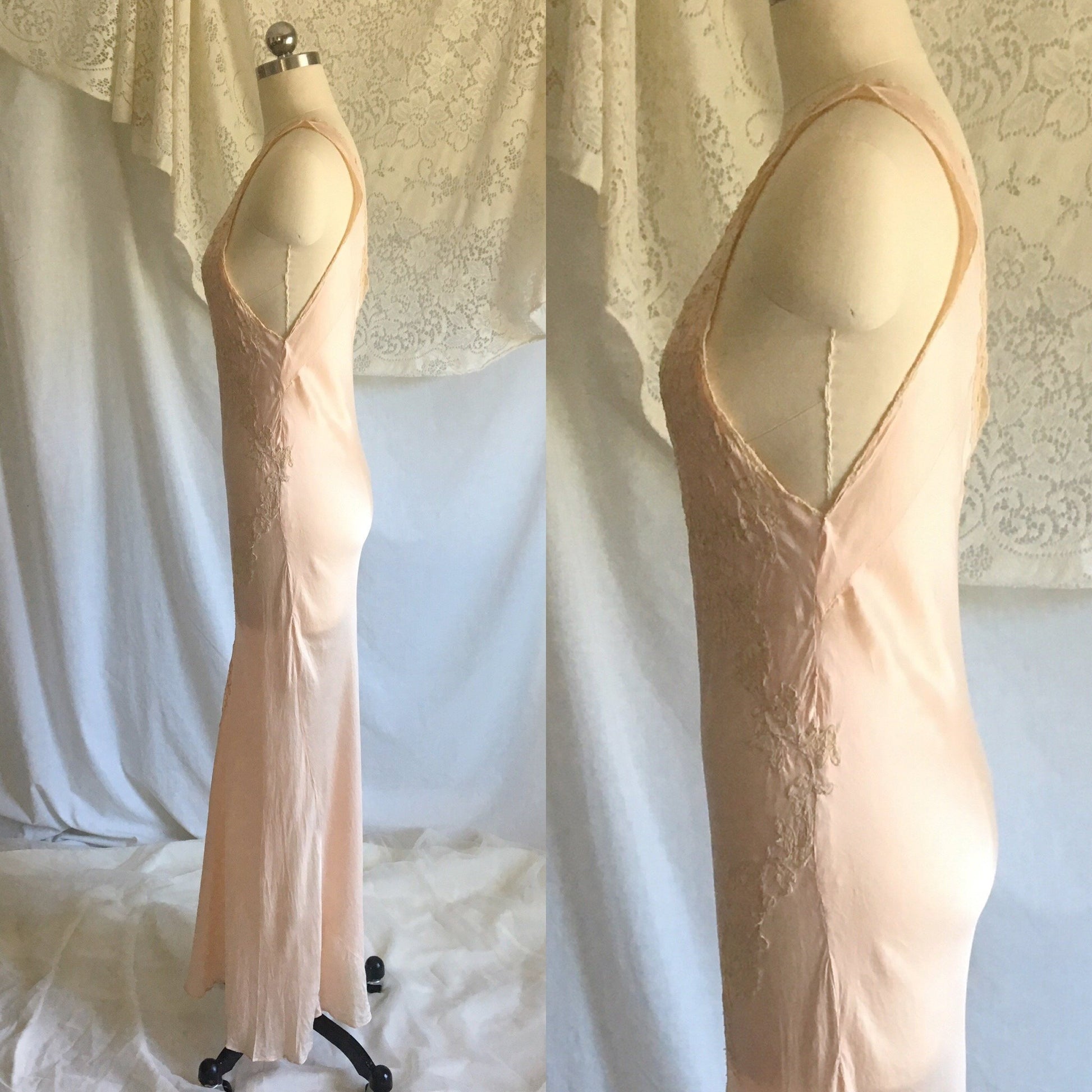 Vintage 1930's Nightgown | Sheer Rose Gold Pink Silk with Monogram & Lace | Size XS, S - Daggers & Dames