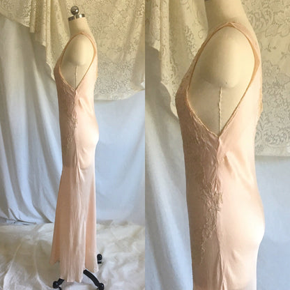 Vintage 1930's Nightgown | Sheer Rose Gold Pink Silk with Monogram & Lace | Size XS, S - Daggers & Dames