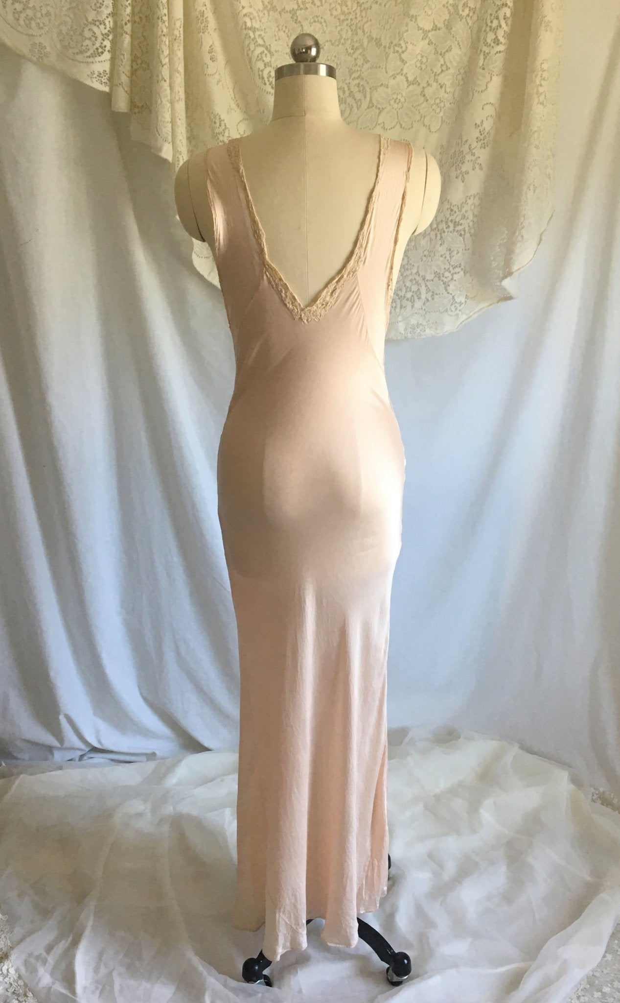 Vintage 1930's Nightgown | Sheer Rose Gold Pink Silk with Monogram & Lace | Size XS, S - Daggers & Dames